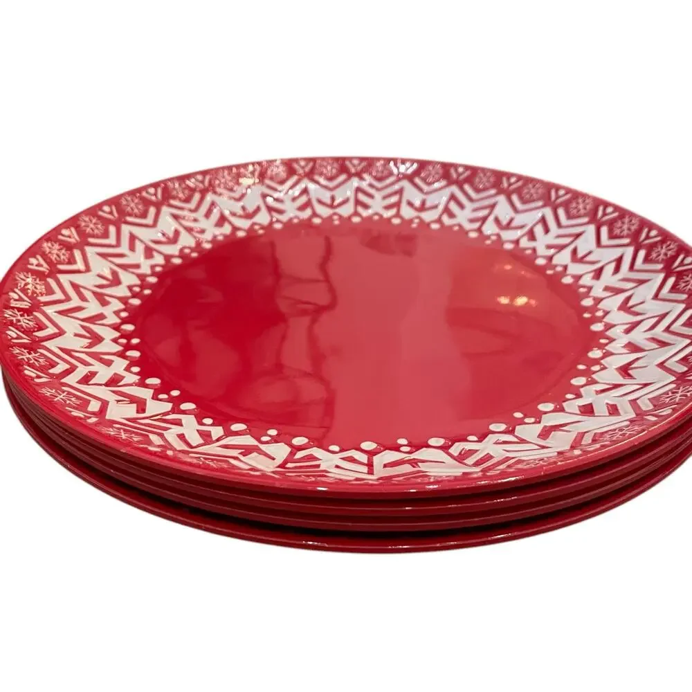 Holiday Red & White Melamine 11in Dinner Plates Set of 4 Christmas Snow New